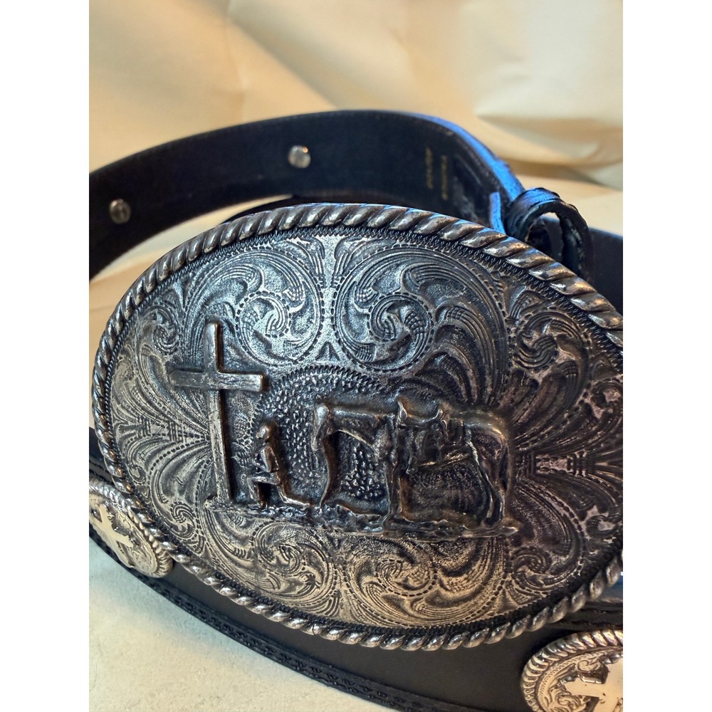 Ariat Belt Mens 40 Western Black Leather Kneeling Cowboy Cross Faith 730602